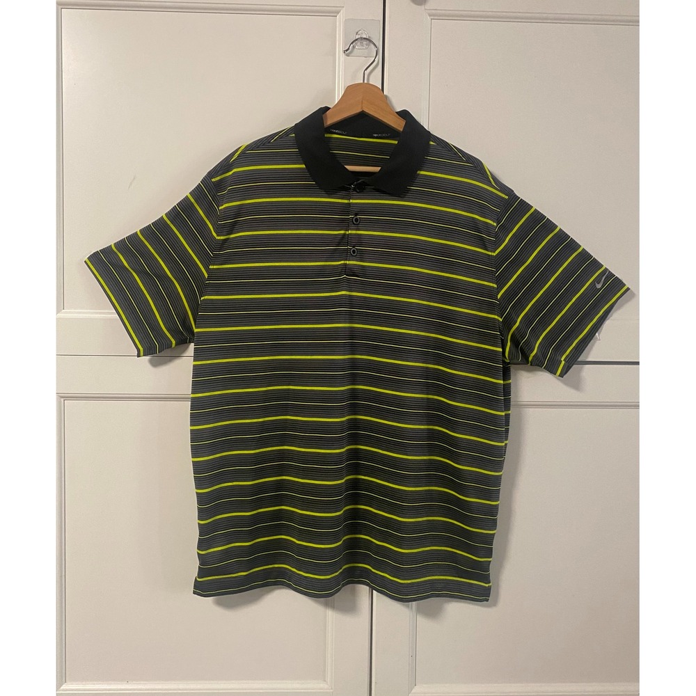 Nike Golf Mens XL Polo Shirt Striped Black Grey Neon Volt Yellow 599019-019